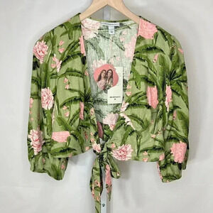 Aguabendita Size Large Tropical Floral Shirt Tie Front Top Blouse 3/4 Sleeve